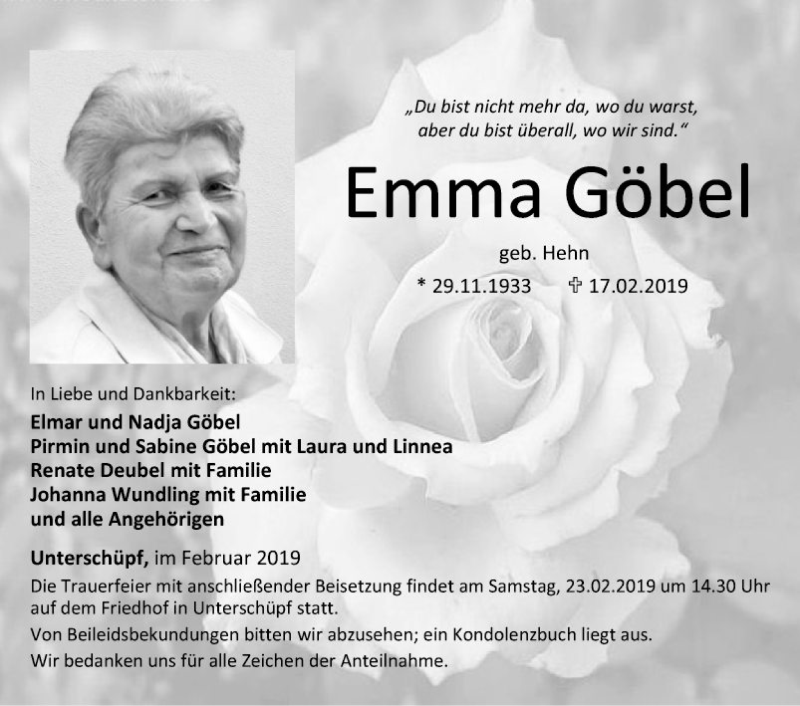  Traueranzeige für Emma Göbel vom 21.02.2019 aus Fränkische Nachrichten