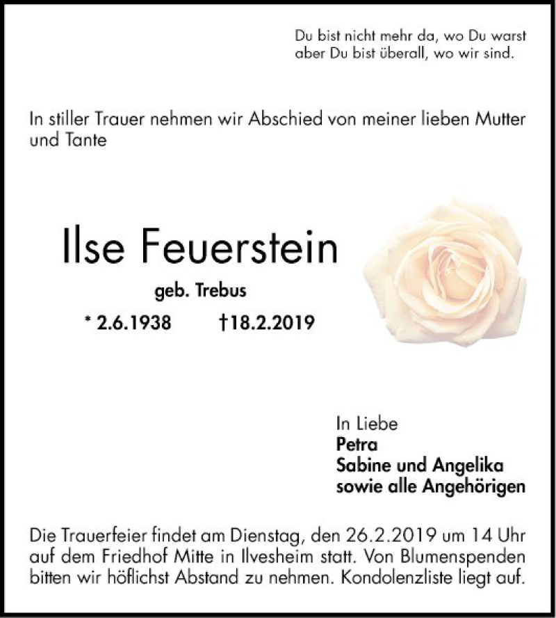  Traueranzeige für Ilse Feuerstein vom 23.02.2019 aus Mannheimer Morgen
