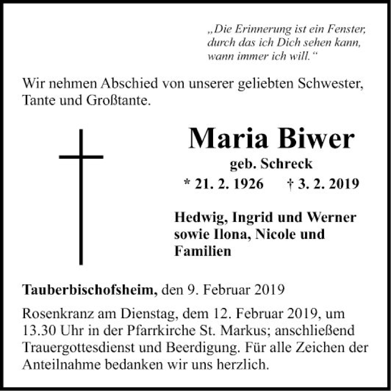 Traueranzeige für Maria Biwer vom 08.02.2019 aus Fränkische Nachrichten
