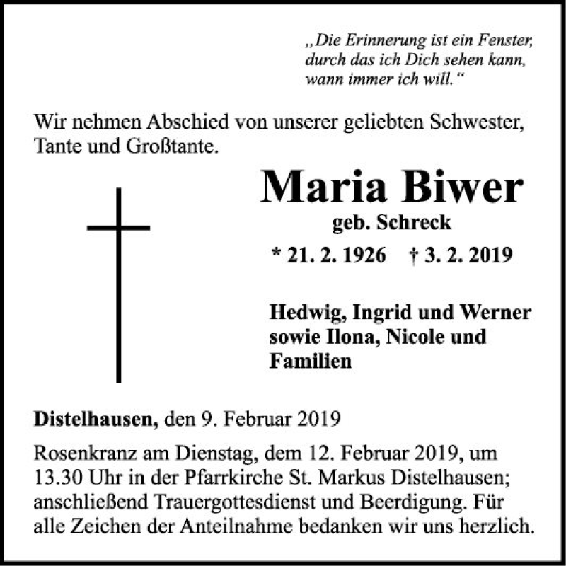  Traueranzeige für Maria Biwer vom 09.02.2019 aus Fränkische Nachrichten