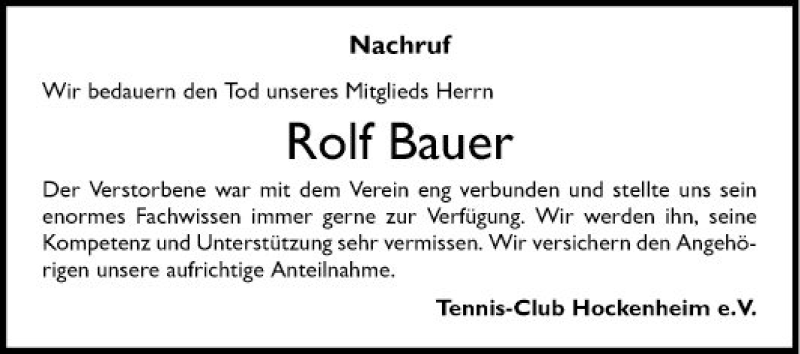  Traueranzeige für Rolf Bauer vom 05.02.2019 aus Schwetzinger Zeitung