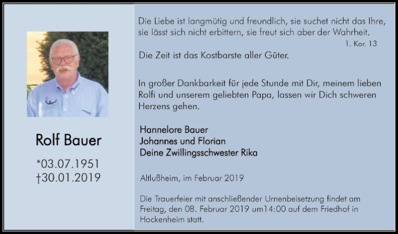  Traueranzeige für Rolf Bauer vom 02.02.2019 aus Mannheimer Morgen