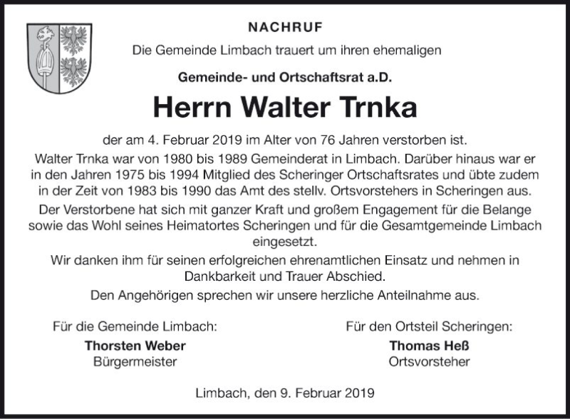  Traueranzeige für Walter Trnka vom 09.02.2019 aus Fränkische Nachrichten