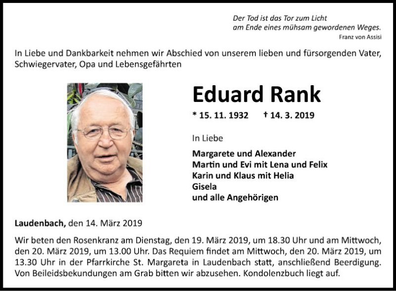  Traueranzeige für Eduard Rank vom 16.03.2019 aus Fränkische Nachrichten