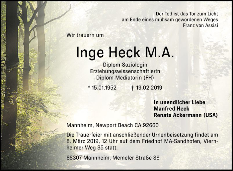  Traueranzeige für Inge Heck vom 06.03.2019 aus Mannheimer Morgen