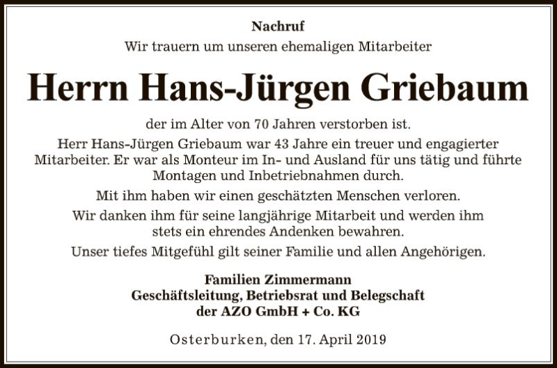  Traueranzeige für Hans-Jürgen Griebaum vom 20.04.2019 aus Fränkische Nachrichten