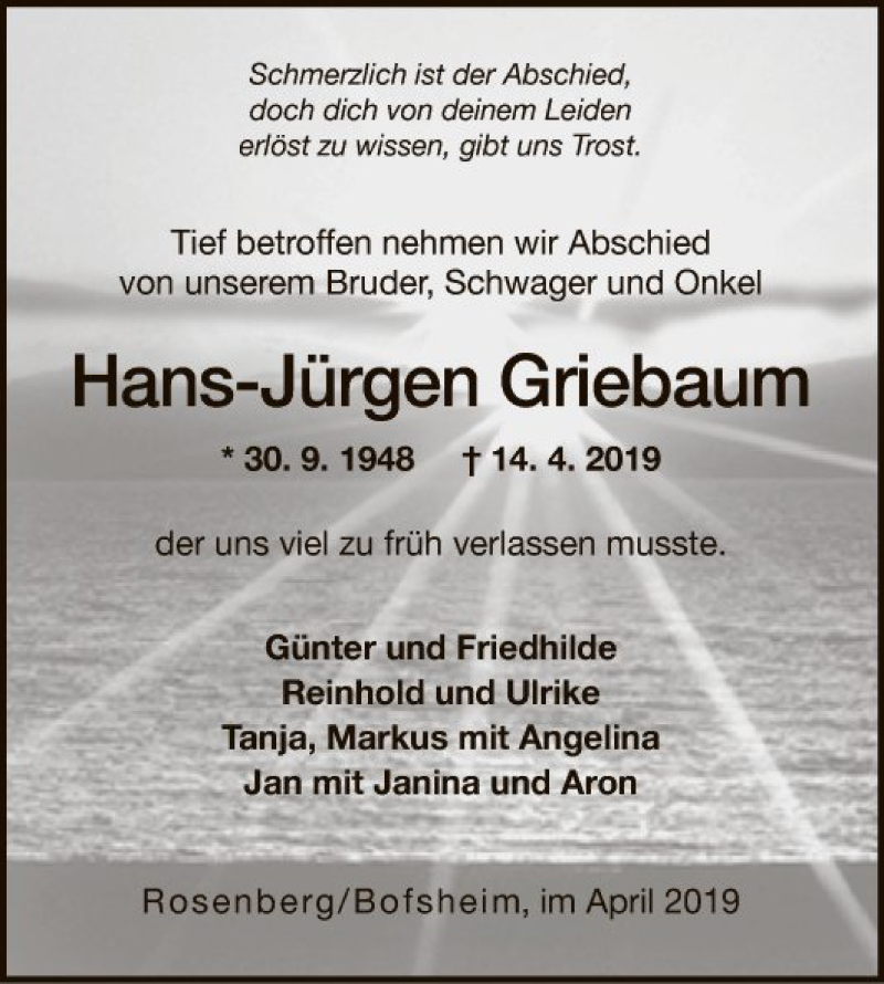  Traueranzeige für Hans-Jürgen Griebaum vom 20.04.2019 aus Fränkische Nachrichten
