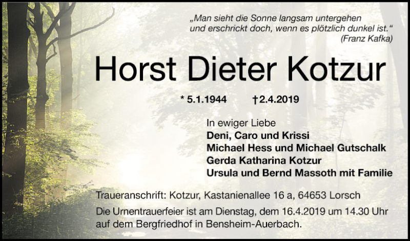  Traueranzeige für Horst Dieter Kotzur vom 13.04.2019 aus Bergsträßer Anzeiger