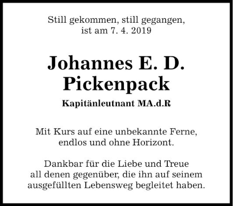  Traueranzeige für Johannes Pickenpack vom 10.04.2019 aus Fränkische Nachrichten