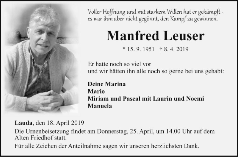  Traueranzeige für Manfred Leuser vom 18.04.2019 aus Fränkische Nachrichten