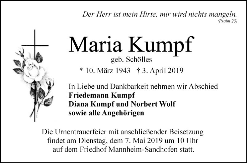 Traueranzeige für Maria Kumpf vom 27.04.2019 aus Mannheimer Morgen