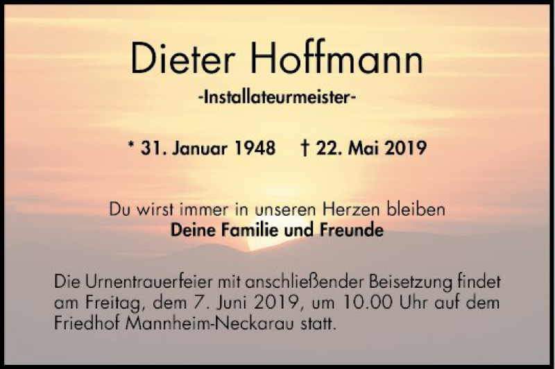  Traueranzeige für Dieter Hoffmann vom 01.06.2019 aus Mannheimer Morgen