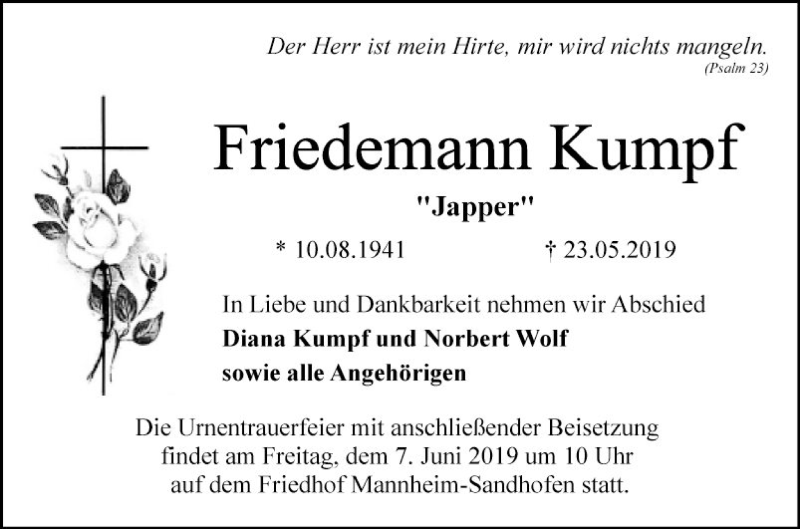  Traueranzeige für Friedemann Kumpf vom 01.06.2019 aus Mannheimer Morgen