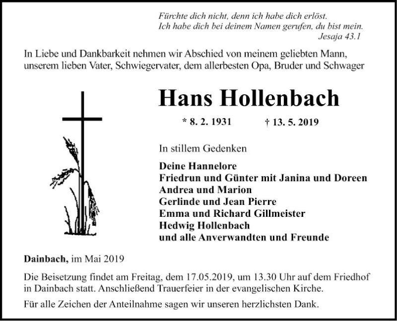 Traueranzeige für Hans Hollenbach vom 16.05.2019 aus Fränkische Nachrichten