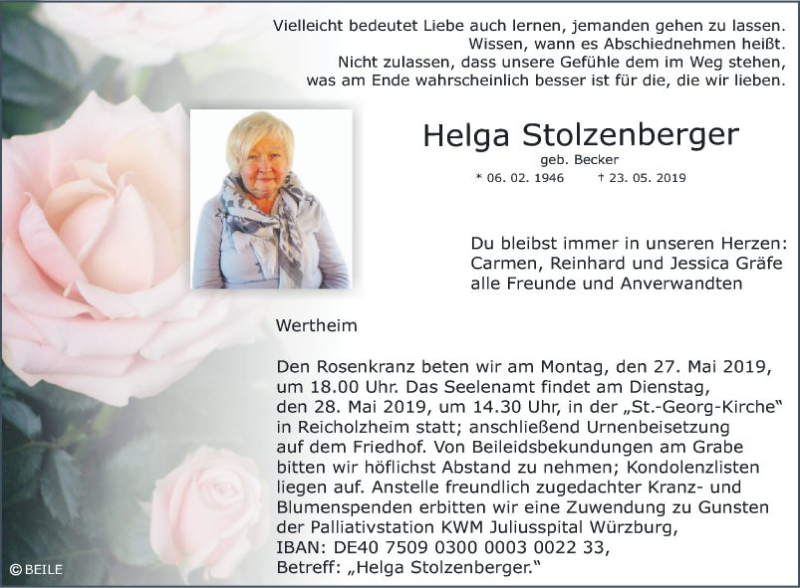  Traueranzeige für Helga Stolzenberger vom 25.05.2019 aus Fränkische Nachrichten