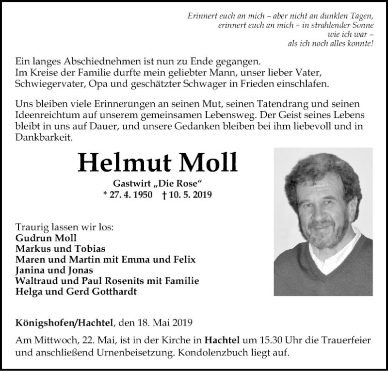  Traueranzeige für Helmut Moll vom 18.05.2019 aus Fränkische Nachrichten