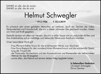 Traueranzeige von Helmut Schwegler von Schwetzinger Zeitung