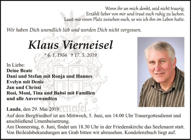  Traueranzeige für Klaus Vierneisel vom 29.05.2019 aus Fränkische Nachrichten