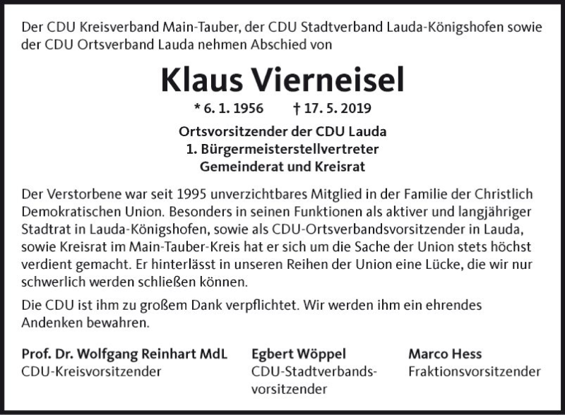  Traueranzeige für Klaus Vierneisel vom 29.05.2019 aus Fränkische Nachrichten