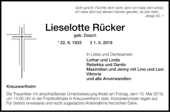 Traueranzeige von Lieselotte Rücker von Fränkische Nachrichten
