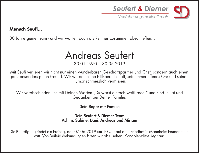  Traueranzeige für Andreas Seufert vom 04.06.2019 aus Mannheimer Morgen