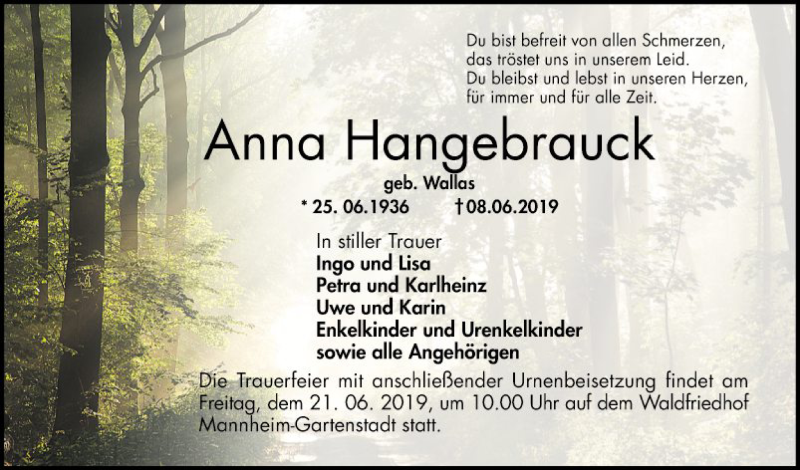  Traueranzeige für Anna Hangebrauck vom 15.06.2019 aus Mannheimer Morgen