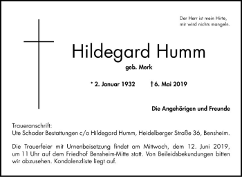 Traueranzeige von Hildegard Humm von Bergsträßer Anzeiger
