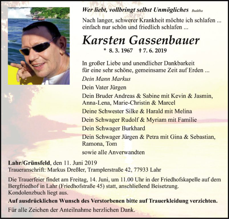  Traueranzeige für Karsten Gassenbauer vom 11.06.2019 aus Fränkische Nachrichten
