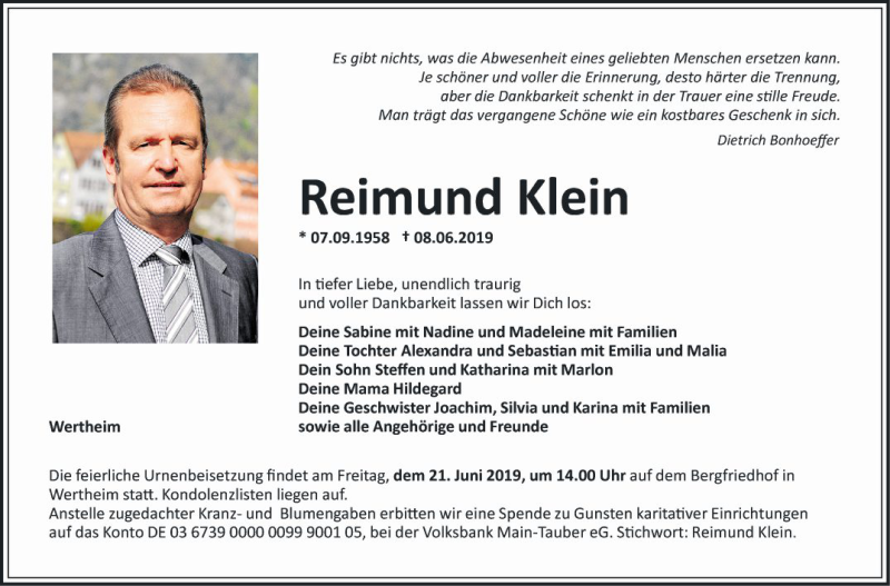  Traueranzeige für Reimund Klein vom 14.06.2019 aus Fränkische Nachrichten