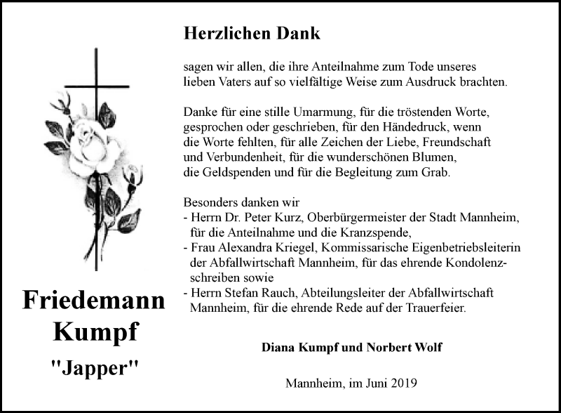  Traueranzeige für Friedemann Kumpf vom 22.06.2019 aus Diana Kumpf und Norbert Wolf