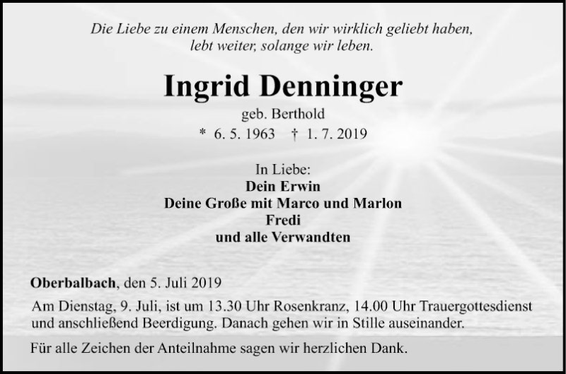  Traueranzeige für Ingrid Denninger vom 05.07.2019 aus Fränkische Nachrichten