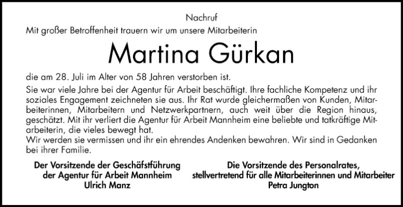  Traueranzeige für Martina Gürkan vom 31.07.2019 aus Mannheimer Morgen