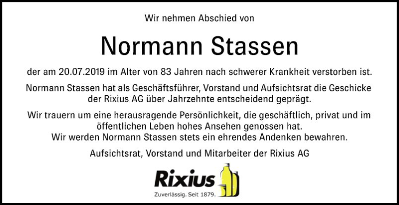  Traueranzeige für Normann Stassen vom 27.07.2019 aus Mannheimer Morgen