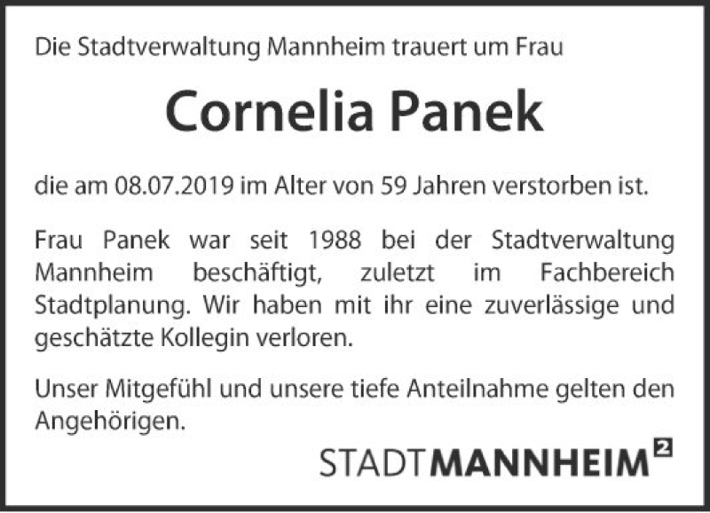  Traueranzeige für Cornelia Panek vom 05.08.2019 aus Mannheimer Morgen