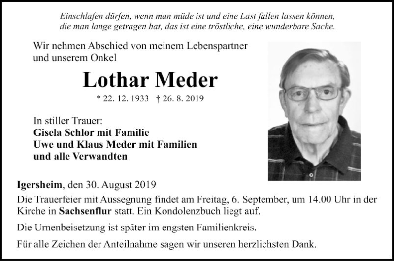  Traueranzeige für Lothar Meder vom 30.08.2019 aus Fränkische Nachrichten