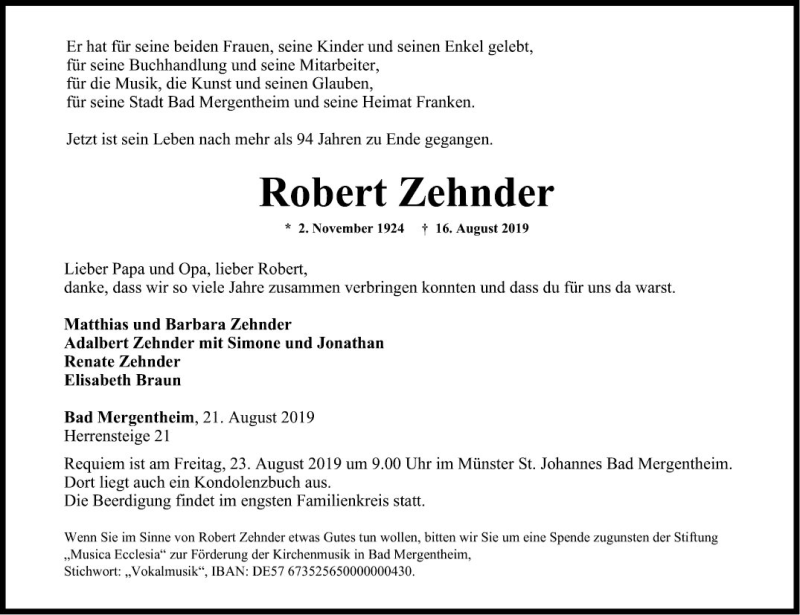  Traueranzeige für Robert Zehnder vom 21.08.2019 aus Fränkische Nachrichten