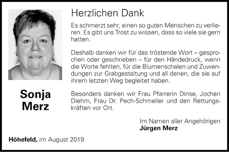  Traueranzeige für Sonja Merz vom 17.08.2019 aus Fränkische Nachrichten