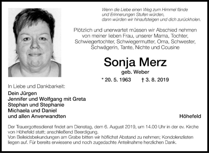  Traueranzeige für Sonja Merz vom 05.08.2019 aus Fränkische Nachrichten