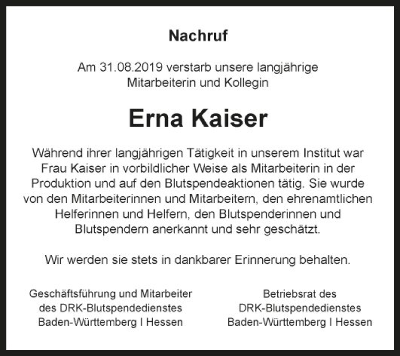  Traueranzeige für Erna Kaiser vom 07.09.2019 aus Schwetzinger Zeitung