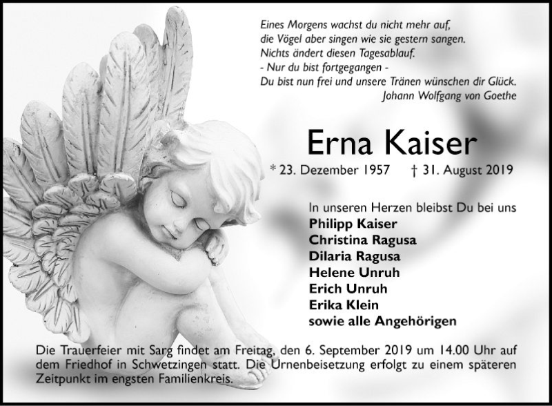  Traueranzeige für Erna Kaiser vom 03.09.2019 aus Schwetzinger Zeitung