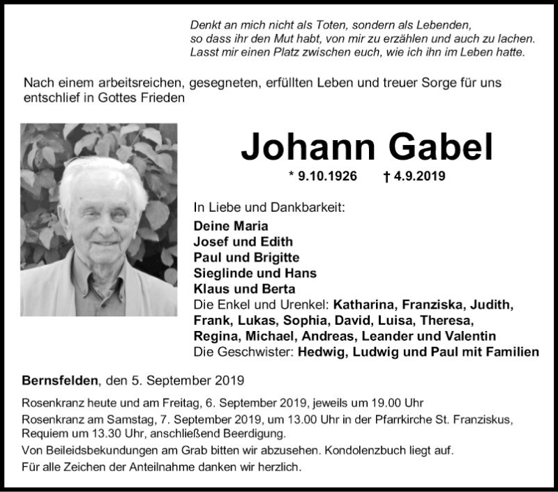  Traueranzeige für Johann Gabel vom 05.09.2019 aus Fränkische Nachrichten
