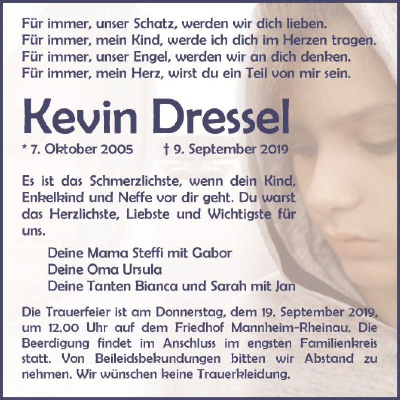  Traueranzeige für Kevin Dressel vom 17.09.2019 aus Mannheimer Morgen