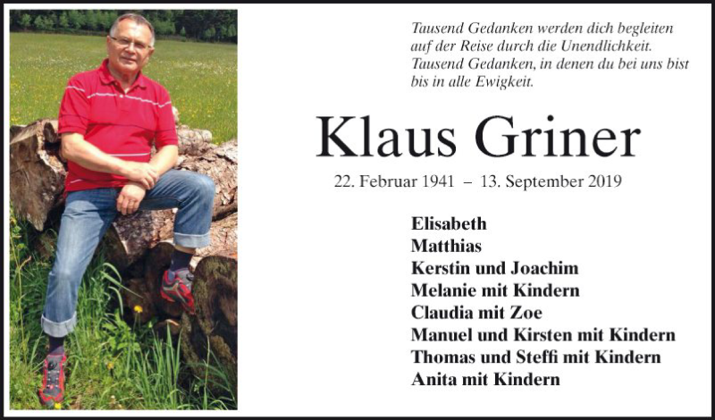  Traueranzeige für Klaus Griner vom 14.09.2019 aus 