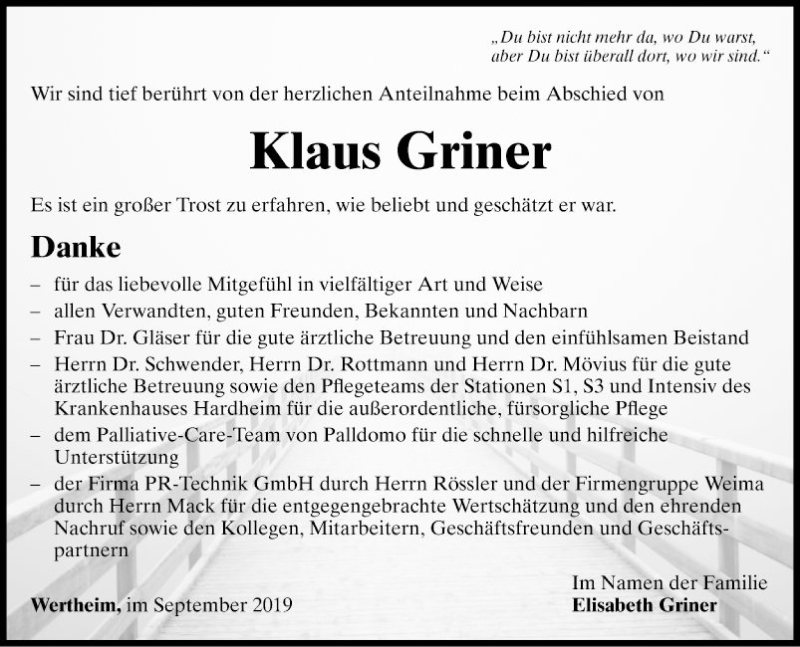  Traueranzeige für Klaus Griner vom 28.09.2019 aus Fränkische Nachrichten