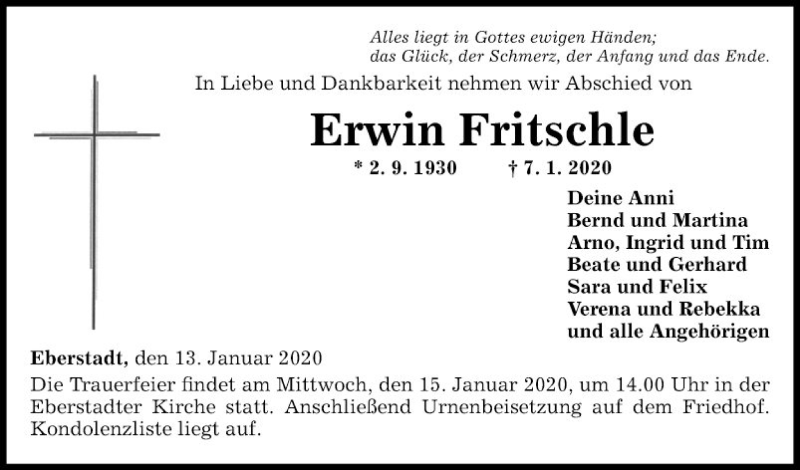  Traueranzeige für Erwin Fritschle vom 13.01.2020 aus Fränkische Nachrichten