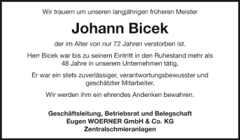 Traueranzeige von Johann Bicek von Fränkische Nachrichten