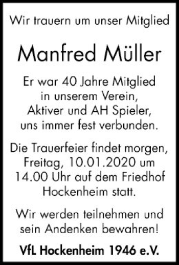 Traueranzeige von Manfred Müller von Schwetzinger Zeitung