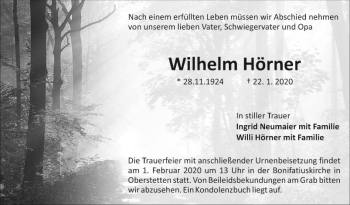 Traueranzeige von Wilhelm Hörner von Fränkische Nachrichten