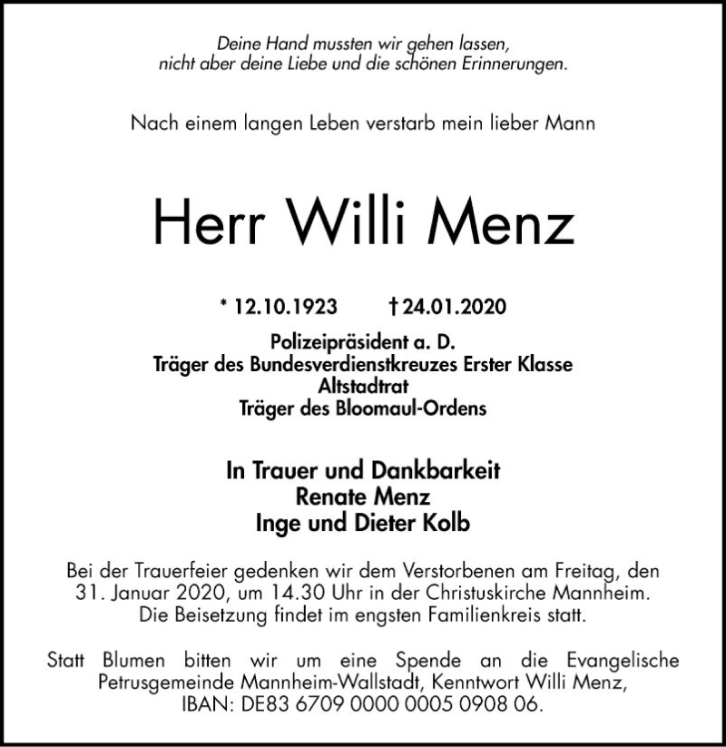  Traueranzeige für Willi Menz vom 29.01.2020 aus Mannheimer Morgen