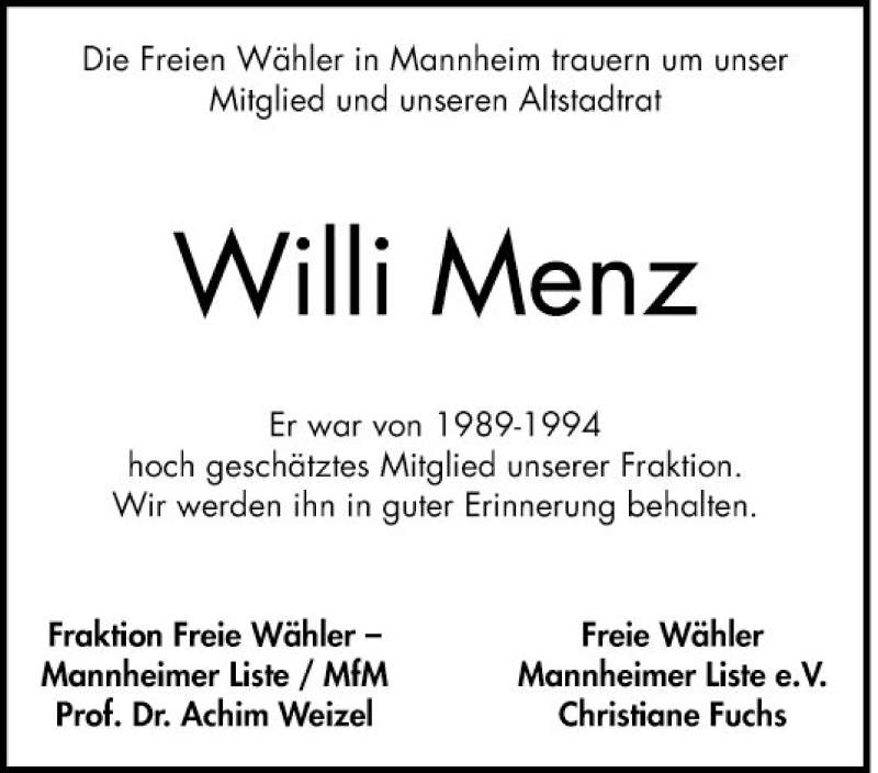  Traueranzeige für Willi Menz vom 29.01.2020 aus Mannheimer Morgen